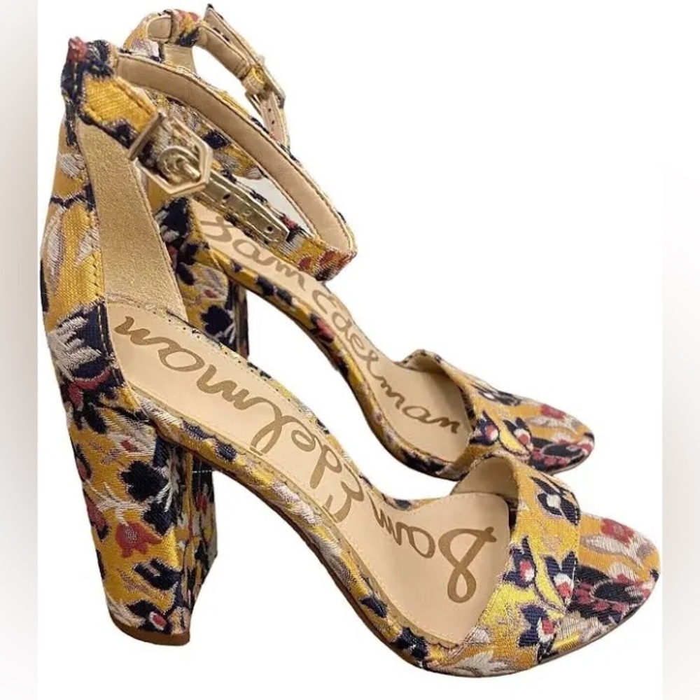 Sam Edelman Jacquard Floral Gold Block Heel with Ankle Strap Size7.5